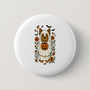 Badge Rond 5 Cm Halloween Yorkshire Terrier Fleurs Halloween