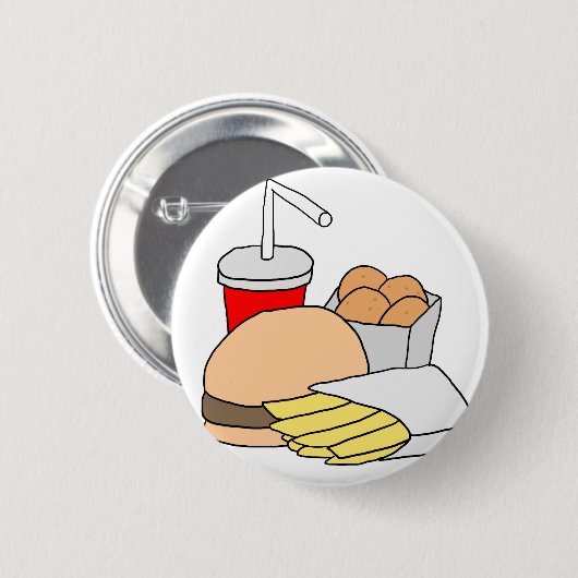 Badge Rond 5 Cm Hamburger, fritures, pépites de poulet et soude (Devant & derrière)