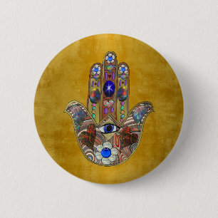 Badge Rond 5 Cm Hamsa Cœurs Fleurs Opale Art sur Or