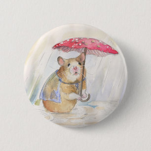 Badge Rond 5 Cm Hamster dans la pluie - Champignons amusants