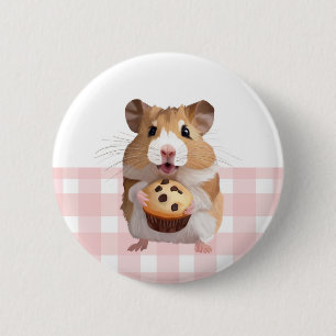 Badge Rond 5 Cm Hamster mignon Avec Muffin Rose En vichy Check