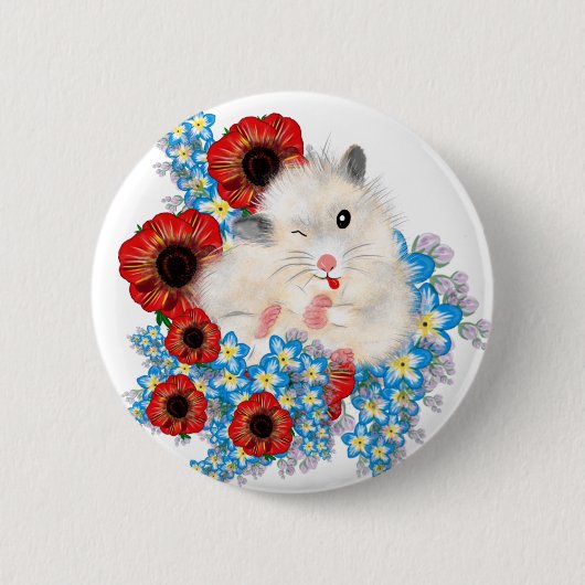Badge Rond 5 Cm Hamster syrien de sable blanc super mignon en fleu (Devant)