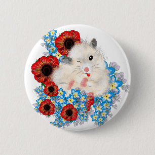 Badge Rond 5 Cm Hamster syrien de sable blanc super mignon en fleu