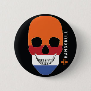 Badge Rond 5 Cm HANDSKULL Holland, Happy skull, drapeau hollandais