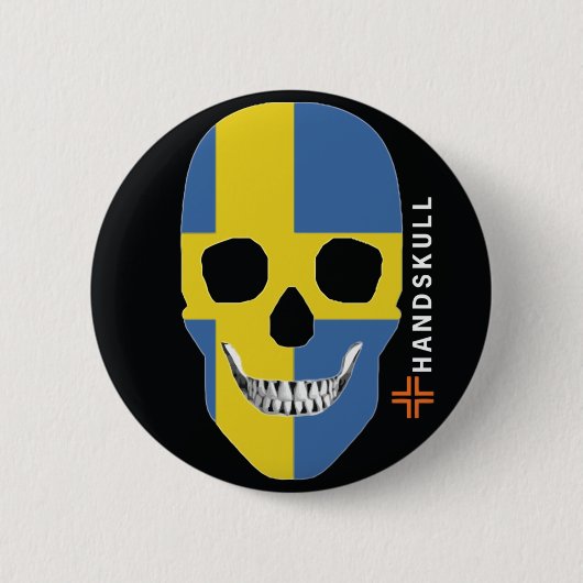 Badge Rond 5 Cm HANDSKULL Suède, Happy crâne, Drapeau Suède (Devant)