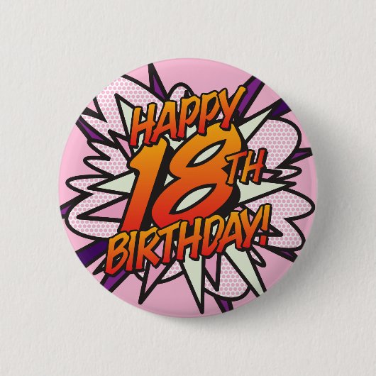 Badge Rond 5 Cm HAPPY 18TH BIRTHDAY Pink Fun Retro Comic Book (Devant)