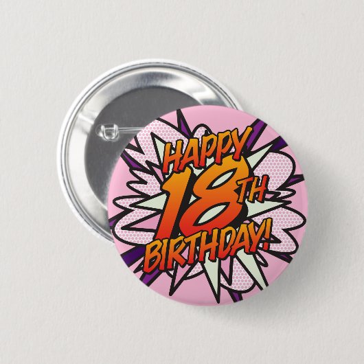 Badge Rond 5 Cm HAPPY 18TH BIRTHDAY Pink Fun Retro Comic Book (Devant & derrière)