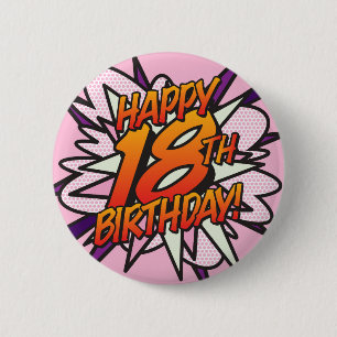 Badge Rond 5 Cm HAPPY 18TH BIRTHDAY Pink Fun Retro Comic Book