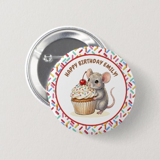 Badge Rond 5 Cm Happy Birthday Personalized Mouse & Cupcake Photo (Devant & derrière)