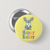 Badge Rond 5 Cm Happy Easter Cartoon Baby Bunny Yellow (Devant & derrière)