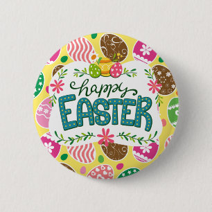 Badge Rond 5 Cm Happy Easter Colorful Easter Eggs Pattern Yellow