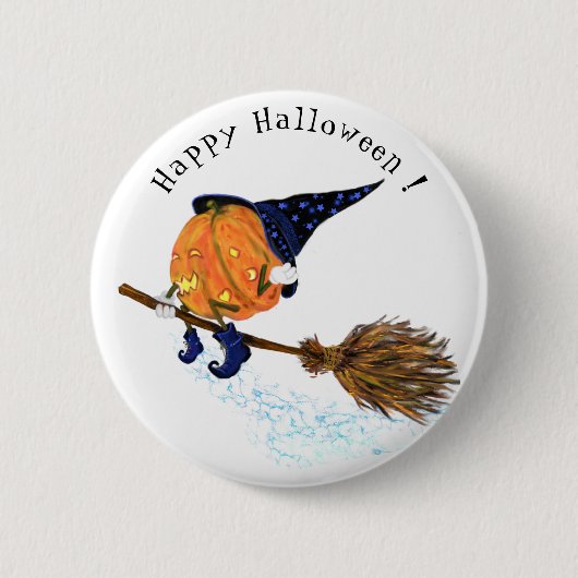 Badge Rond 5 Cm Happy Halloween sorcière Citrouille Volant Broom - (Devant)