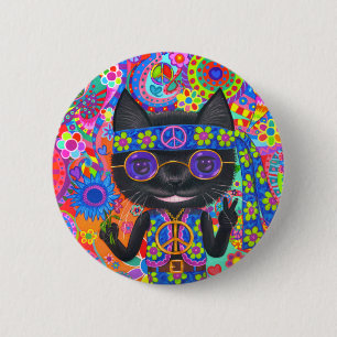 Badge Rond 5 Cm Happy Hippie Chat Lunettes de soleil Paix Signale