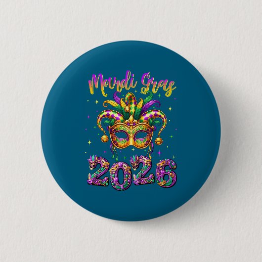 Badge Rond 5 Cm Happy Mardi Gras Carnival 2026 Jester Hat Men Wome (Devant)