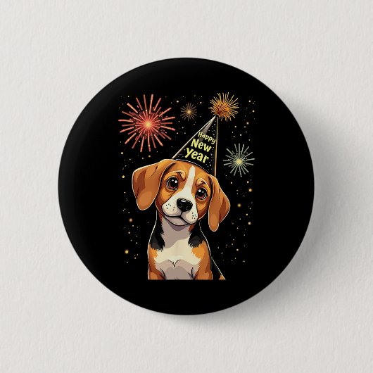 Badge Rond 5 Cm Happy New Year 2025 Eve Firework Dog Funny Beagle  (Devant)