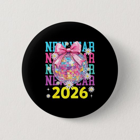 Badge Rond 5 Cm Happy New Year 2026 Coquette Bow & Disco Ball (Devant)