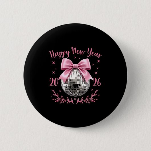 Badge Rond 5 Cm Happy New Year 2026 Coquette Nk Bow Disco Ball Wom (Devant)