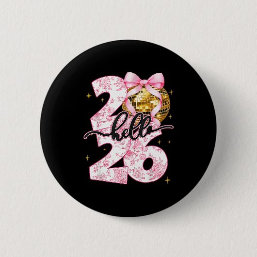 Badge Rond 5 Cm Happy New Year 2026 Disco Ball Bow New Year's Eve  (Devant)
