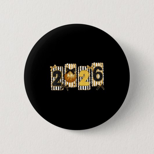 Badge Rond 5 Cm Happy New Year 2026 Disco Ball Gold Coquette Bow F (Devant)