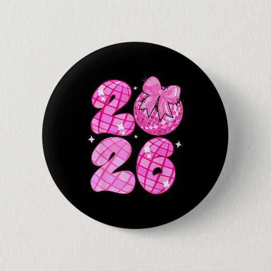 Badge Rond 5 Cm Happy New Year 2026 Disco Ball Nk Coquette Bow Fam (Devant)