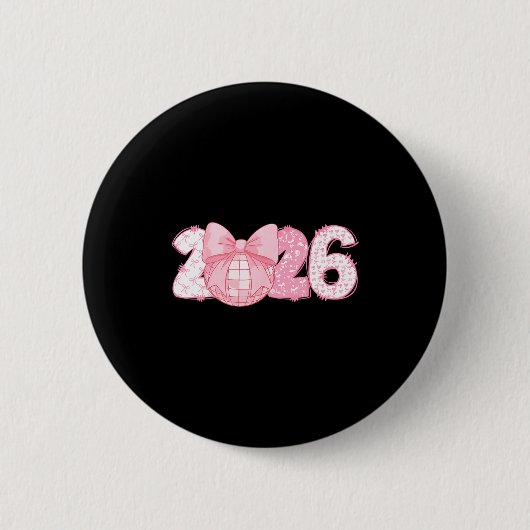 Badge Rond 5 Cm Happy New Year 2026 Disco Ball Nk Coquette Bow Fam (Devant)