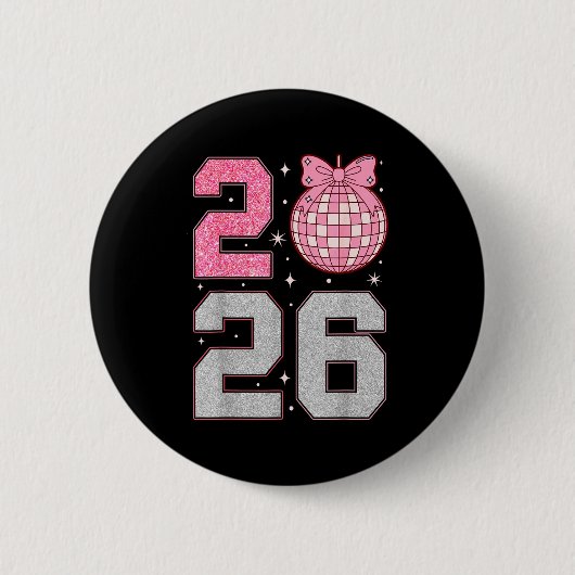Badge Rond 5 Cm Happy New Year 2026 Disco Ball Nk Coquette Bow Fam (Devant)