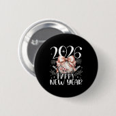 Badge Rond 5 Cm Happy New Year 2026 Disco Cute Bow Flower New Year (Devant & derrière)