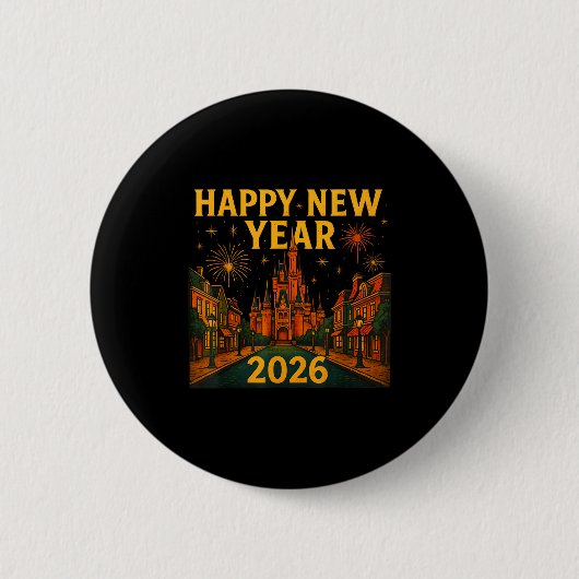 Badge Rond 5 Cm Happy New Year 2026 Fantasy Castle Fireworks Night (Devant)
