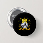 Badge Rond 5 Cm Happy New Year 2026 Golden Disco Ball Bow New Year (Devant & derrière)