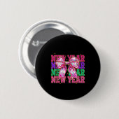 Badge Rond 5 Cm Happy New Year 2026 Nk Coquette Bow Disco Ball Cou (Devant & derrière)