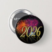 Badge Rond 5 Cm Happy New Year Gold 2026 Fireworks Button (Devant & derrière)