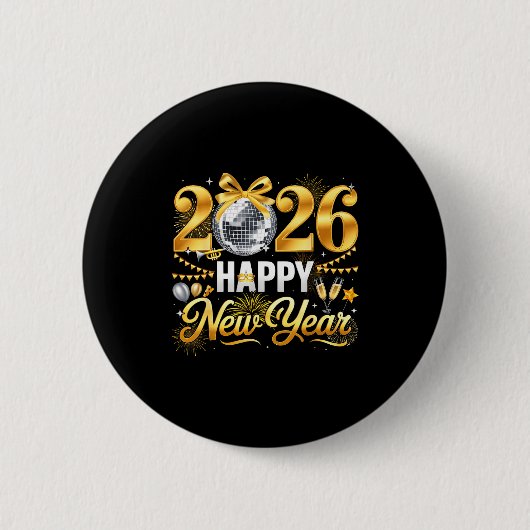 Badge Rond 5 Cm Happy New Year Hello 2026 Party Disco Ball Coquett (Devant)