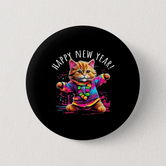 Badge Rond 5 Cm Happy New Year Party Dancing Cat Design  (Devant)
