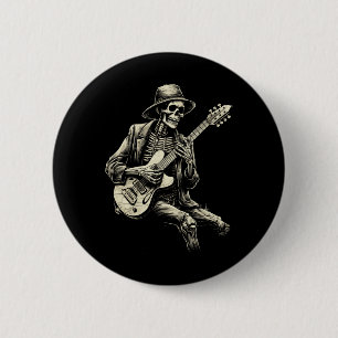 Badge Rond 5 Cm Happy Skeleton Guitar Guy Éffrayant Halloween Rock