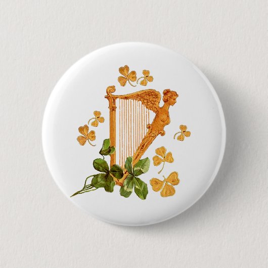 Badge Rond 5 Cm Harpe d'Irlande d'or - Erin Go Bragh (Devant)