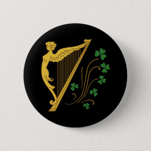 Badge Rond 5 Cm Harpe et shamrocks d'or du jour de St Patrick