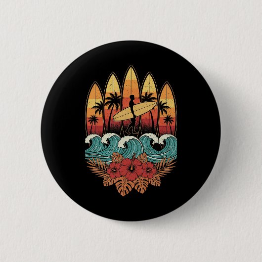 Badge Rond 5 Cm Hawaiian Surfboarder Retro Sunset Ocean Surfer  (Devant)