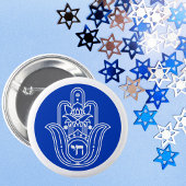Badge Rond 5 Cm Hébreu bleu Chai main juive Miriam Hamsa
