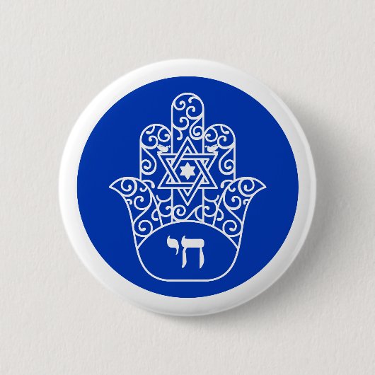 Badge Rond 5 Cm Hébreu bleu et blanc Chai Hamsa (Devant)