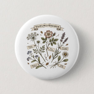 Badge Rond 5 Cm Herbier de fleurs sauvages pressées Botanique vint