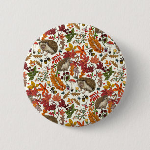 Badge Rond 5 Cm Hérissons et flore de forêt automnale sur ivoire