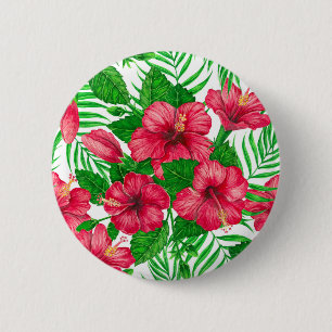 Badge Rond 5 Cm Hibiscus et palmiers feuilles
