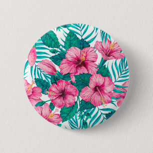 Badge Rond 5 Cm Hibiscus et palmiers feuilles