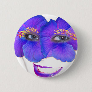 Badge Rond 5 Cm Hibiscus face avec sourire - bleu