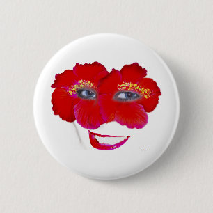 Badge Rond 5 Cm Hibiscus face avec sourire - Rouge