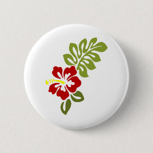 Badge Rond 5 Cm Hibiscus feuille fleurie rouge nature
