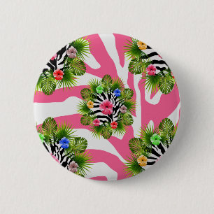 Badge Rond 5 Cm Hibiscus tropical et rayures exotiques de zèbre ro
