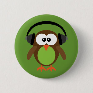 Badge Rond 5 Cm Hibou avec des écouteurs