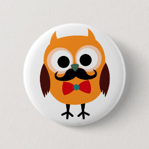 Badge Rond 5 Cm Hibou masculin avec la moustache noire