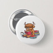 Badge Rond 5 Cm Highland Cattle Cow Lire les livres Boire Café Cla (Devant & derrière)